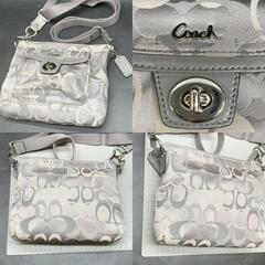 I315 美品 コーチ COACH ミニ ショルダーバッグ ポシェット サコッシュ シグネチャー 肩掛け 斜め掛け キャンバス ホワイトシルバー系の画像