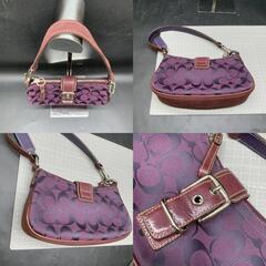 I316 COACH【コーチ】F042-6362　ワンショルダーバッグ　ポーチ　ハンドバッグ 　シグネチャー柄　パープル系　コンパクト　キャンバス×レザー　レディースの画像