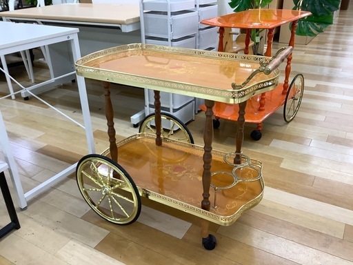 【トレファク　ラパーク岸和田店】サービングワゴン　 2段　アンティーク調　ブラウン×キャメル