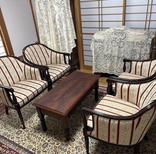 【お譲り先決定 】ヴィンテージ クラシック ロココ調 花刺繍布張り リビング 椅子 アームチェア ソファセット 応接セット 店舗 オフィス