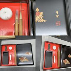 Z268　未使用保管品　重峰 漆器 ミニ書道セット 書道具 硯 墨 書道 書の心　硯　墨　筆2本　文鎮　文箱　道具箱の画像