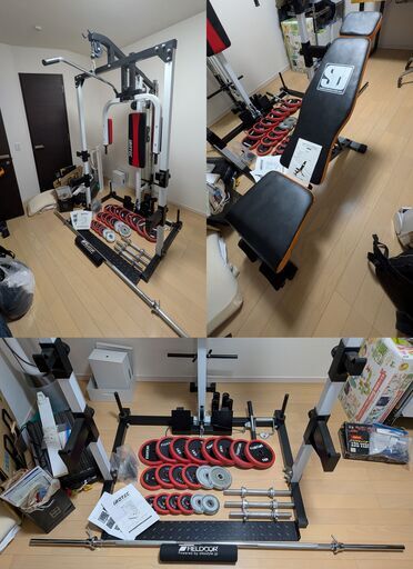 【セット売】ホームジム一式／パワーラック・オリンピックバー・ダンベル・可変ベンチ・プレート【合計62.5kg】