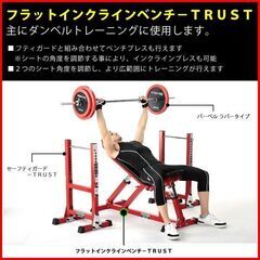 美品 ファイティングロード/FIGHTING ROAD フラットインクラインベンチ－ＴRUST+セーフティガード－TRUST+ラバープレート100Kg＋バーベルシャフト 1本+バーベルWシャフト 1本+ダンベルシャフト 2本 手渡し希望/自社配送可能（配送エリアについてお問い合わせください）の画像
