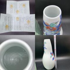 鍋島藩御庭焼 市川光春 栞　辰砂花瓶 共箱 高さ約29㎝　フラワーベース　花入れ　花瓶　中古　インテリア　伝統工芸品　染錦牡丹絵の画像