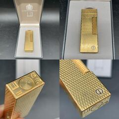 Dunhill ダンヒル 総柄 ロゴ刻印 ダイヤ柄 スクエア ローラー式 ガスライター 喫煙グッズ ゴールドカラー メンズ 火花OKの画像
