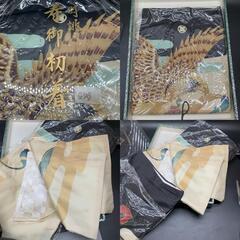 お初着 産着 お祝い着 男児用 男の子 お宮参り 黒×ベージュ系 鷹 刺繍 中古　和装　着物の画像