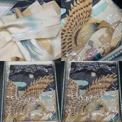 お初着 産着 お祝い着 男児用 男の子 お宮参り 黒×ベージュ系 鷹 刺繍 中古　和装　着物の画像