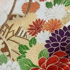 お着物、鮮やかなオレンジ系、桜紅葉菊？蓮？柄の画像