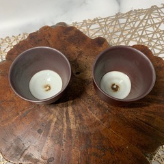 配送可能　煎茶道具　萬古焼　白梅　在銘　湯冷　湯呑2点 茶道具 3点セット　茶器　 骨董品 古美術品　煎茶碗 朱泥　古玩　古道具　古董 の画像