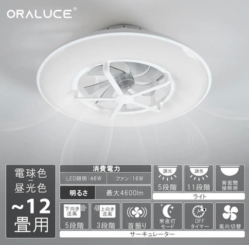 【未開封】シーリングファンライト 12畳 首振り ファン付き LED