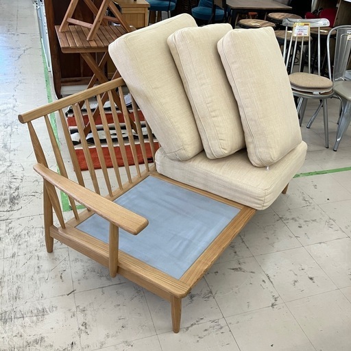 中古美品　布製2人掛けソファー　イエローカラー　カフェスタイル　天然木オーク材　公田店