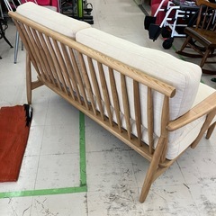 中古美品　布製2人掛けソファー　イエローカラー　カフェスタイル　天然木オーク材　公田店の画像