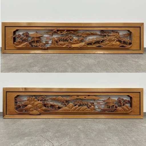 SNT793 欄間 鶴雪 彫刻欄間 庭園 対 建具 古民家 木彫 木製 幅172㎝ 奥