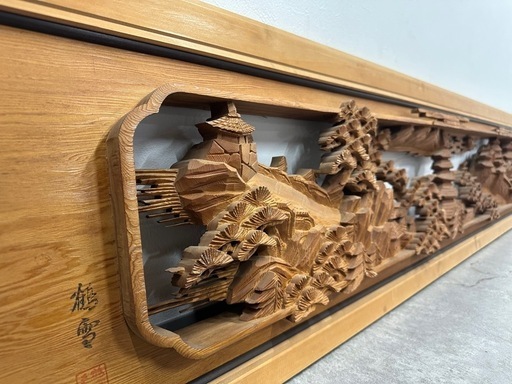 SNT793 欄間 鶴雪 彫刻欄間 庭園 対 建具 古民家 木彫 木製 幅172㎝ 奥