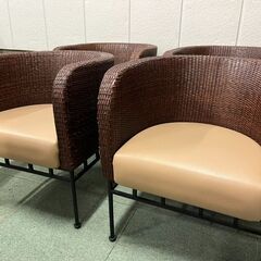 パブリック チェア 4脚セット 応接 アジアン風 バンブー ラタン 合皮 1人用 インテリア 幅60cm×奥行60cm×高さ66cm（座高42cm） の画像