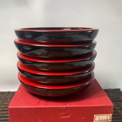 配送可能【煎茶道具】木製 日の出茶托 5客揃 箱付 茶托 銘々皿 菓子皿 漆芸 日の丸塗分 懐石道具 茶道具 骨董 良品の画像