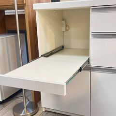 Pamouna パモウナ キッチンカウンター レンジ台 食器棚 幅120cm ソフトクローズ引出し (4杯) スライドテーブル コンセント2個口 ホワイト 白 鏡面仕上げ 横幅120/奥行50/高さ85cm IDC大塚家具取扱★買取帝国 志木店の画像