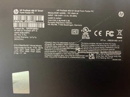 中古 パソコン HP 400G7SFF/I5-10500/メモリー8GB/SSD 256GB/DVD/WIN11 Pro/office