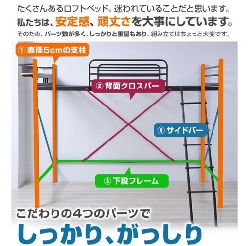 白　ロフトベッド ハイタイプ  階段 子供 宮付き ベッド下140 山善 システムベッド HML2-1021 階段付きロフトベッド ロ