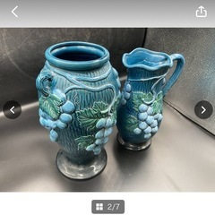 Hand Painted　花瓶　花器　葡萄　ぶどう　陶器　青緑色　ピッチャー　水差し　ヴィンテージ　中古　現状品　インテリア　＊B819＊の画像