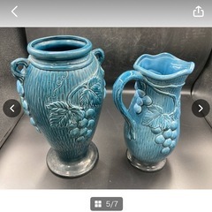 Hand Painted　花瓶　花器　葡萄　ぶどう　陶器　青緑色　ピッチャー　水差し　ヴィンテージ　中古　現状品　インテリア　＊B819＊の画像