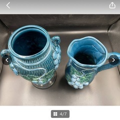Hand Painted　花瓶　花器　葡萄　ぶどう　陶器　青緑色　ピッチャー　水差し　ヴィンテージ　中古　現状品　インテリア　＊B819＊の画像