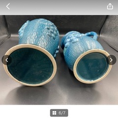 Hand Painted　花瓶　花器　葡萄　ぶどう　陶器　青緑色　ピッチャー　水差し　ヴィンテージ　中古　現状品　インテリア　＊B819＊の画像