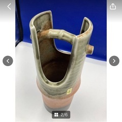 巨峰　花器　花瓶　インテリア　雑貨　置物　陶器製　竹デザイン　お洒落　グリーン　オレンジ　ブラウン　直径9.5㎝　高さ29㎝＊B790-1＊の画像