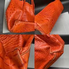 Z284　FURLA フルラ レディース クロコ 型押し ハンドバッグ トートバッグ 皮革レースカット オレンジ系 イタリア製 収納袋付の画像