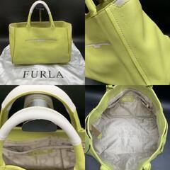 Z285　フルラ トートバッグ ハンドバッグ ミニボストン ライム オリーブ ポーチ付き レザー FURLA レディース　収納袋付の画像