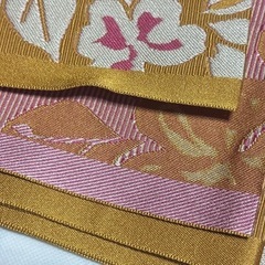 浴衣、【決まりました！】半幅帯、辛子色?山吹色にピンクの花柄の画像