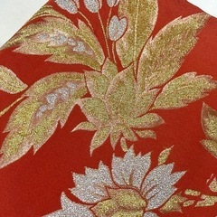 着物用帯、名古屋帯、朱色地に金糸銀糸の花柄の画像