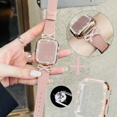 【新品】AppleWatchバンドケースセット可愛いリボンストーンピンク42mm&s10対応の画像