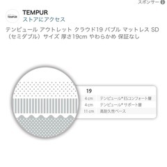 美品　TEMPUR Cloud 19　テンピュール　クラウド　マットレス　19cm セミダブルの画像
