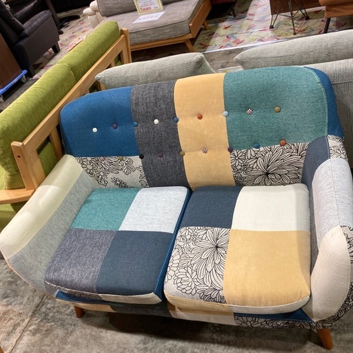 2Pソファ　パッチワーク　ファブリック