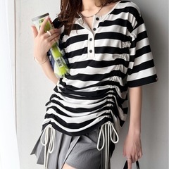 前後2wayヘンリーネックドロストチュニックＴシャツワンピース(半袖)の画像