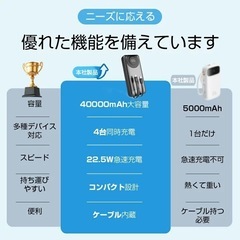 【新品】モバイルバッテリー 40000mAh大容量 急速充電 同時充電可能 LED表示の画像
