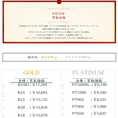 大黒屋仙台パルコ店 8/23 本日の貴金属の買取金額