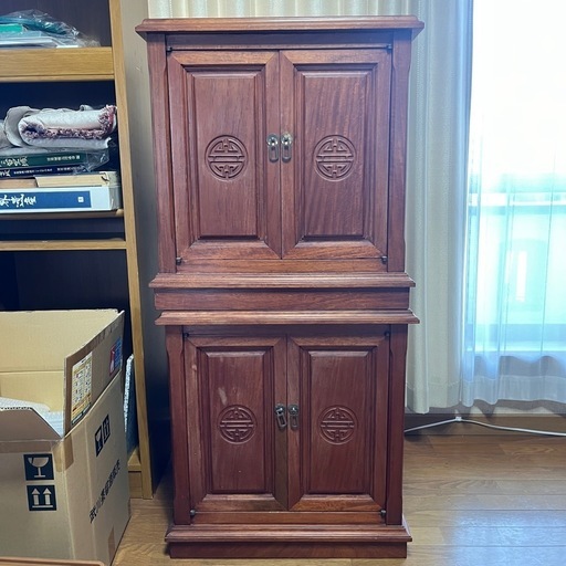 【終了】木製キャビネット アンティーク調 収納家具 上下分割式 57.5×56×56cm 棚 収納 収納家具 什器 アジアン家具 中華風　