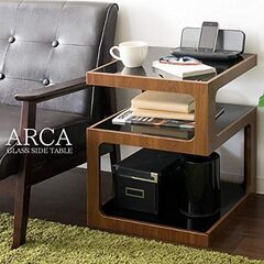 3段サイドテーブル ARCA スタイリッシュデザイン宮武製作所 ST-403 BR スモーク強化硝子フレーム木目調ブラウン リビングテーブル MIYATAKEの画像