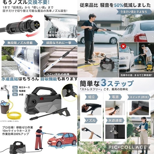 高圧洗浄機 12MPa 本物 小型 防水 無段階調整ノズル フォームノズル