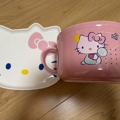新品未使用　ハローキティ　取っ手付きボウル　皿　セット　陶器の画像