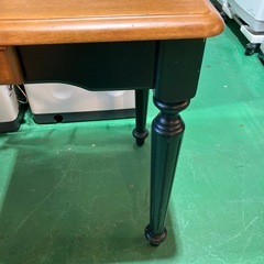 【🌲木製ろくろ脚学習机】昭和レトロ　デスク　センターテーブル　机　カントリー　インテリア　家具　アンティーク調　ウッド　緑　茶色　ブラウン　モスグリーン　引き出し付き　勉強机　年代物　PCデスク　勉強机の画像