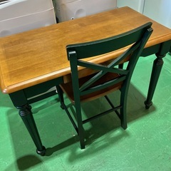 【🌲木製ろくろ脚学習机】昭和レトロ　デスク　センターテーブル　机　カントリー　インテリア　家具　アンティーク調　ウッド　緑　茶色　ブラウン　モスグリーン　引き出し付き　勉強机　年代物　PCデスク　勉強机の画像
