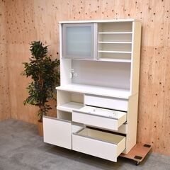 ≪zyt2409ジ≫ 松田家具 食器棚/キッチンボード 幅137cm 高さ210cm ハイタイプ ホワイト ソフトクローズ 幅140 中古家具/宮城県仙台市 70820-04の画像