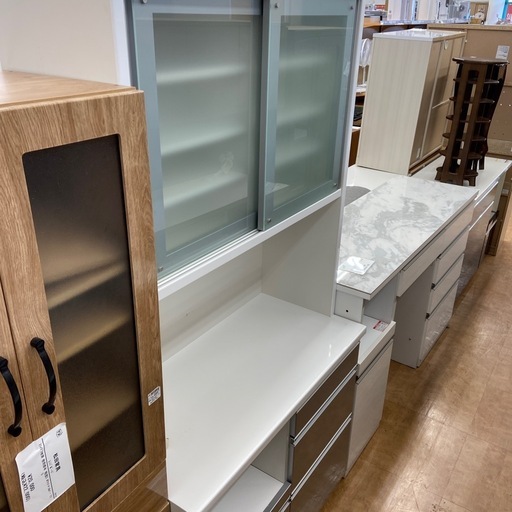 松田家具　レンジボード　スライド2枚扉　ホワイト×シルバー