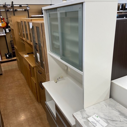 松田家具　レンジボード　スライド2枚扉　ホワイト×シルバー