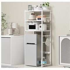 キッチン収納／冷蔵庫上ラック／ゴミ箱上ラック 【幅50〜80cm伸縮可・2口コンセント付き】 電子レンジラック／洗濯機ラック／レンジ台／収納ラックの画像