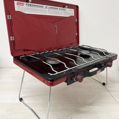 M【中古品】現状お渡し コールマン Coleman パワーハウス LPツーバーナーストーブ レッド アウトドア用品 キャンプの画像