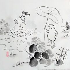 鳥獣戯画を色紙に描く。全１２回
